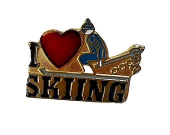 Vintage 'I Love Skiing' Enamel Pin - Retro Winter Sports Badge