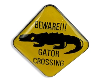 Beware Gator Crossing Lapel Pin, Vintage Alligator Badge, gift for animal lover