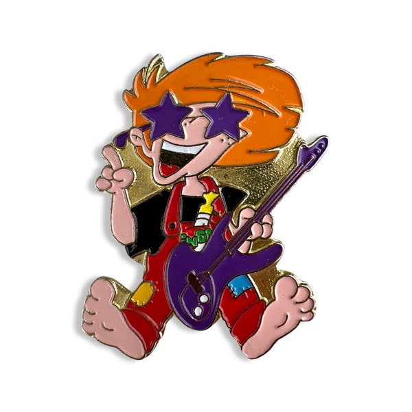 Vintage Cartoon Rock Star Pin Gift for Musician Guy with Red Hair Funny Enamel Badge Gift under 15 Stocking Stuffer