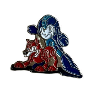 Vintage Mega Man and Rush Lapel Pin, Vintage Enamel Lapel Pins Badge