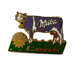 Vintage MILKA LENK CHOCOLATE Pin, Swiss Chocolate Enamel Pin Badge, Chocolate Collector, Switzerland Pin, Enamel Pin for Hat, Cowcore gift