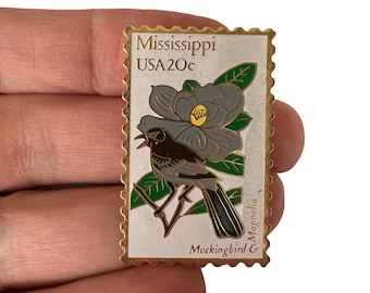 Spilla vintage con francobollo Mississippi Mockingbird, da collezione USPS 20c