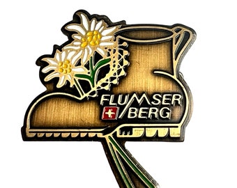Vintage Flumserberg Switzerland Pin: Hiking Boot & Edelweiss Badge