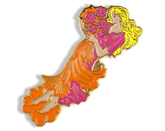 Vintage GIRL with FLOWERS Pin by Simone Erni, Wearable Art Pin, Swiss Artist, Pretty Brooch.