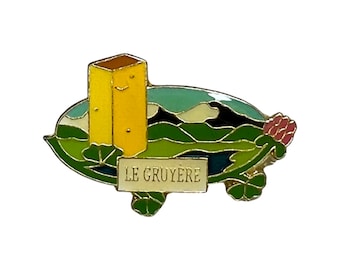 Vintage Le GRUYERE Cheese Pin,  Miniature Food Pin, Swiss Switzerland Badge, Cheese Collector Gift, Cheesy Lapel Pin