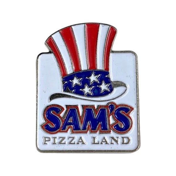 Vintage American Flag Sam's Pizza Land Pin Gift for someone who loves PIZZA Fun Food Pinback button badge for Jacket Hat Bag