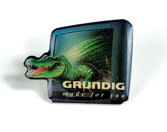 Retro Technology Tech pin, Vintage GRUNDIG Pin, Old retro Television Badge, Crocodile Aligator pin for Jacket Bag Coat