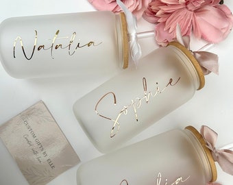 Personalised Frosted Glass Can Tumbler: Bamboo Lid and Straw, Bridal, Bridesmaid, Birthday, Friend gift
