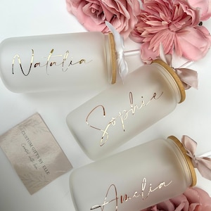 Personalised Frosted Glass Can Tumbler: Bamboo Lid and Straw, Bridal, Bridesmaid, Birthday, Friend gift