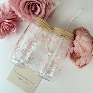 Bow glass cup with lid and straw | Bow iced coffee matcha cup | Birthday gift | Libbey glass cup | Bow glass tumbler | Cute | Gift for her image 4