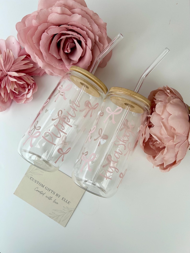 Bow glass cup with lid and straw | Bow iced coffee matcha cup | Birthday gift | Libbey glass cup | Bow glass tumbler | Cute | Gift for her image 4