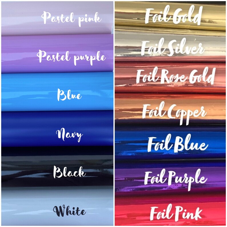 May include: A collection of colorful vinyl sheets, including pastel pink, purple, blue, navy, black, and white. The right side features foil sheets in gold, silver, rose gold, copper, blue, purple, and pink. Each color is labeled with white script.