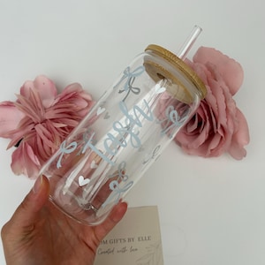 Bow glass cup with lid and straw | Bow iced coffee matcha cup | Birthday gift | Libbey glass cup | Bow glass tumbler | Cute | Gift for her image 3