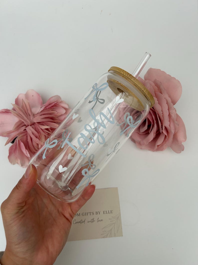 Bow glass cup with lid and straw | Bow iced coffee matcha cup | Birthday gift | Libbey glass cup | Bow glass tumbler | Cute | Gift for her image 3