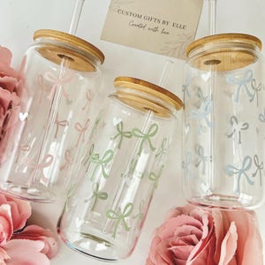 Bow glass cup with lid and straw | Bow iced coffee matcha cup | Birthday gift | Libbey glass cup | Bow glass tumbler | Cute | Gift for her