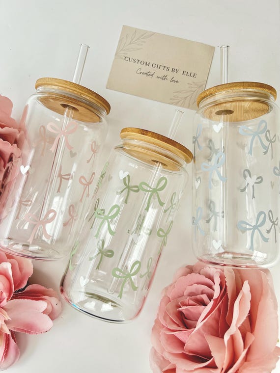 Bow glass cup with lid and straw | Bow iced coffee matcha cup | Birthday gift | Libbey glass cup | Bow glass tumbler | Cute | Gift for her