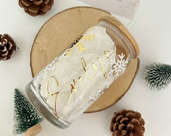 Personalised Snowflake Glass Tumbler: Christmas Iced Coffee Cup with Bamboo Lid and straw