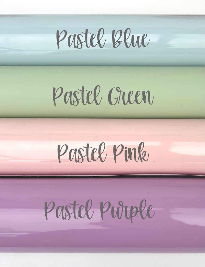 May include: Four rolls of pastel-colored vinyl are displayed, each labeled with a different color: Pastel Blue, Pastel Green, Pastel Pink, and Pastel Purple. The rolls are arranged horizontally, showcasing their glossy finish and soft hues.