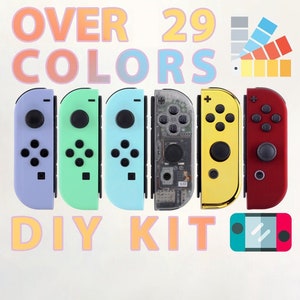 Könnte beinhalten: DIY-Kit zum Anpassen eines Nintendo Switch-Controllers. Das Kit enthält sechs verschiedene farbige Frontplatten, eine transparente Frontplatte und eine gelbe Frontplatte. Der Text "OVER 29 COLORS" und "DIY KIT" ist im Bild sichtbar.