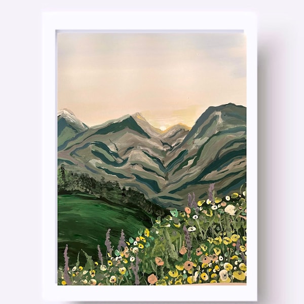 Mountain Acrylic Painting, Digital Download, Downloadable art print, Mountain and Field of flowers, Aesthetic art print