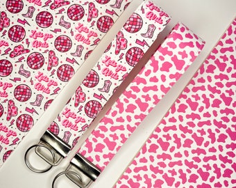 Cowgirl Wristlet Lanyard / Let's go girls keychain, Key fob wrist strap faux leather keyring, Disco lanyard for keys, Cow print gift for her