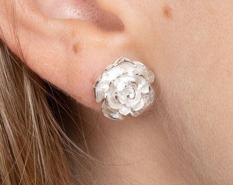 Silver Rose Earrings, Rose Stud Earrings, Flower Stud