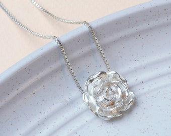 Rose necklace - Solid Silver - Delicate Rose Necklace - Silver Rose Pendant - Floral Pendant - Mothers Day Gift - Rose silver pendant - Gift