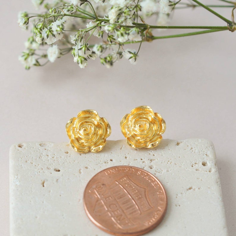 Gold Rose Earrings Mini Rose Stud Earrings 24k Vermeil Gold rose stud earrings Flower Earrings Gift Anniversary Gifts Gift for her image 2