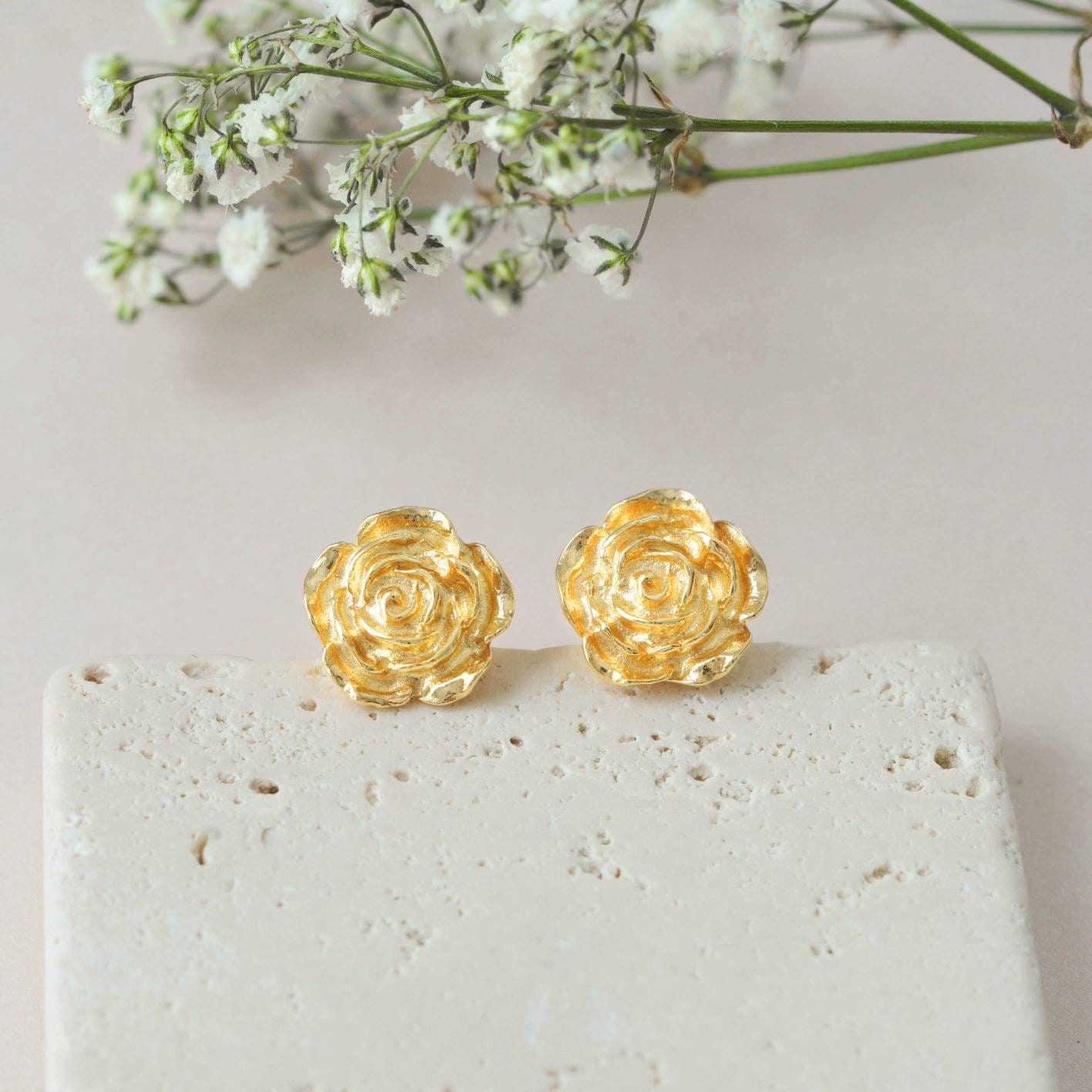 Gold Rose Earrings - Mini Rose Stud Earrings - 24k Vermeil