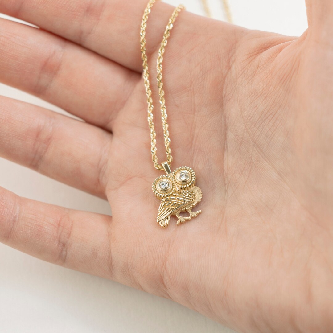 14k Solid Gold Owl Necklace Moissanite Necklace Gold Owl Etsy