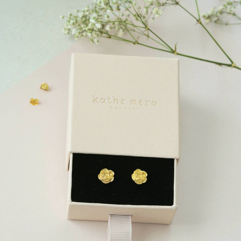 Gold Rose Earrings Mini Rose Stud Earrings 24k Vermeil Gold rose stud earrings Flower Earrings Gift Anniversary Gifts Gift for her image 6