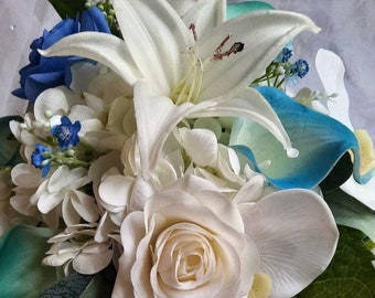 Blue and White Beach Wedding Bouquet With Roses, Real Touch Artificial Bouquet, Tropical Wedding Destination Bouquet