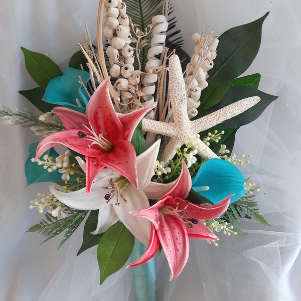 Beach Wedding Tropical Bouquet, Dried Naturals Starfish Destination Wedding Bouquet, Bridal Wedding Bouquet, Real Touch Flowers