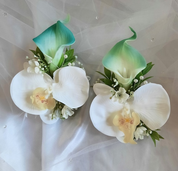 Ivory Calla Lily Apple Green Orchid Corsage or Boutonniere 
