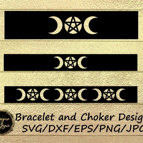 Triple Moon Goddess SVG Bracelets and Chokers, Digital Template Pentacle Faux Leather Jewelery, SVG Vector Cut File, dxf, eps, png, jpg.