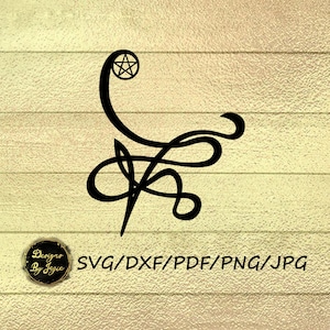 Peut inclure: Dessin en noir et blanc d'une pentagramme avec un motif de ligne tourbillonnante. Le motif est sur un fond en bois avec le texte "SVG/DXF/PDF/PNG/JPG" en dessous du motif.