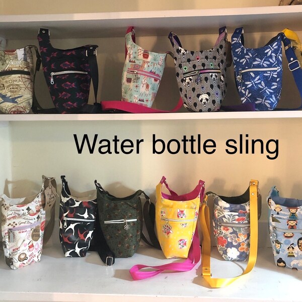 Handmade fabric Water Bottle carrier with strap - various pretty fabrics