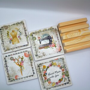 Hand Made with Love - 4 Piece Stone Coasters with Holder
