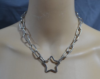 Silver Heart or Star chain necklace, heart, star, necklace, silver tone necklace, choker, plated steel, pendant choker