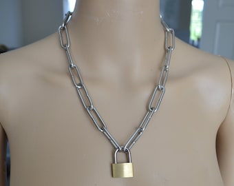 Lock and Keys Necklace, Chunky Chain, Stainless Steel Long Link Chain, Choker Necklace, Industrial, Alternative, Grunge, Goth, Punk, Rock