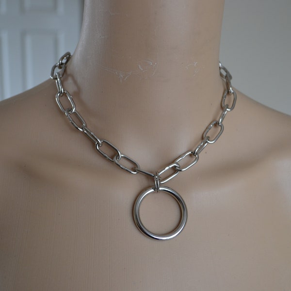Silver tone O-ring necklace, plated steel metal choker, chunky chain, egirl, grunge, goth, punk, rock, alternative, industrial