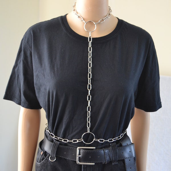 Chain body chest harness, chain choker, belly chain, metal, chain link, clasp, silver, steel, shiny, industrial, alternative, necklace
