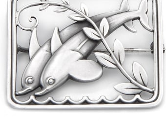 Georg Jensen Art Deco dolphin brooch designed by Arno Malinowski, vintage Sterling silver