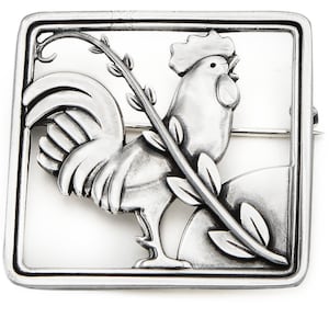 Georg Jensen Art Deco brooch Rooster at Sunrise designed by Arno Malinowski. Vintage sterling silver