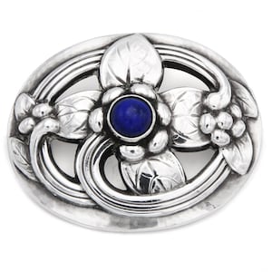 Georg Jensen art nouveau flower brooch / pin with a round lapis lazuli pearl. Vintage sterling silver