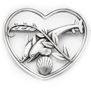 Georg Jensen Art Deco dolphins in a heart brooch designed by Arno Malinowski vintage sterling silver
