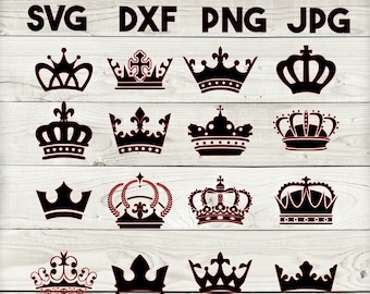 May include: A set of 16 black and white crown SVG, DXF, PNG, and JPG digital files. The crowns are in various styles, including simple, ornate, and regal.