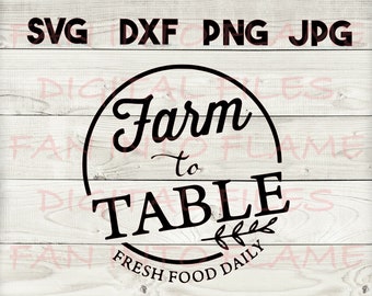 Peut inclure: Conception graphique en noir et blanc avec un cercle autour du texte "Farm to Table" et les mots "Fresh Food Daily" en dessous.