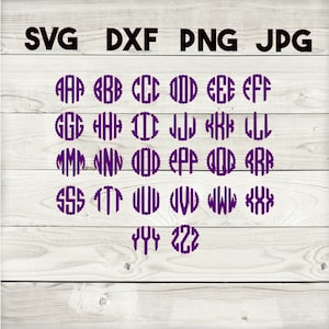 May include: A set of 26 purple monogram letters, A through Z, and the numbers 1, 2, and 3. Each letter is in a circle with a scalloped edge. The letters are on a white wood background.