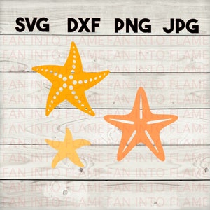 May include: A digital design featuring three starfish in shades of orange and yellow. The starfish are in various sizes and styles, with one having a dotted pattern. The image includes the file type labels: SVG, DXF, PNG, and JPG.